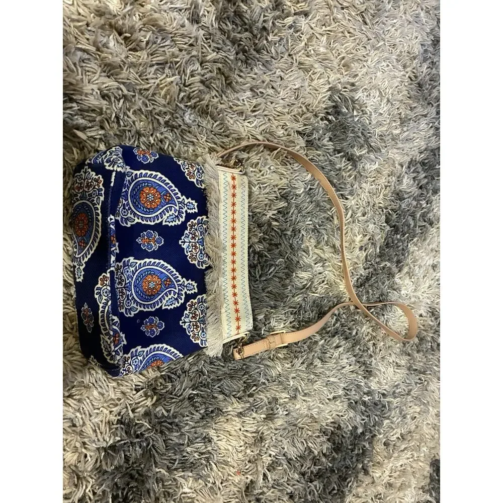 Spartina 449 Bag Purse Daufuskie Island Linen Leather Blue Orange Paisley Fringe